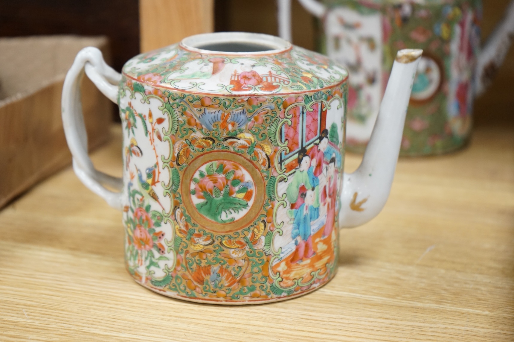 Three 19th century Chinese famille rose teapots, lacking covers largest 21cm wide